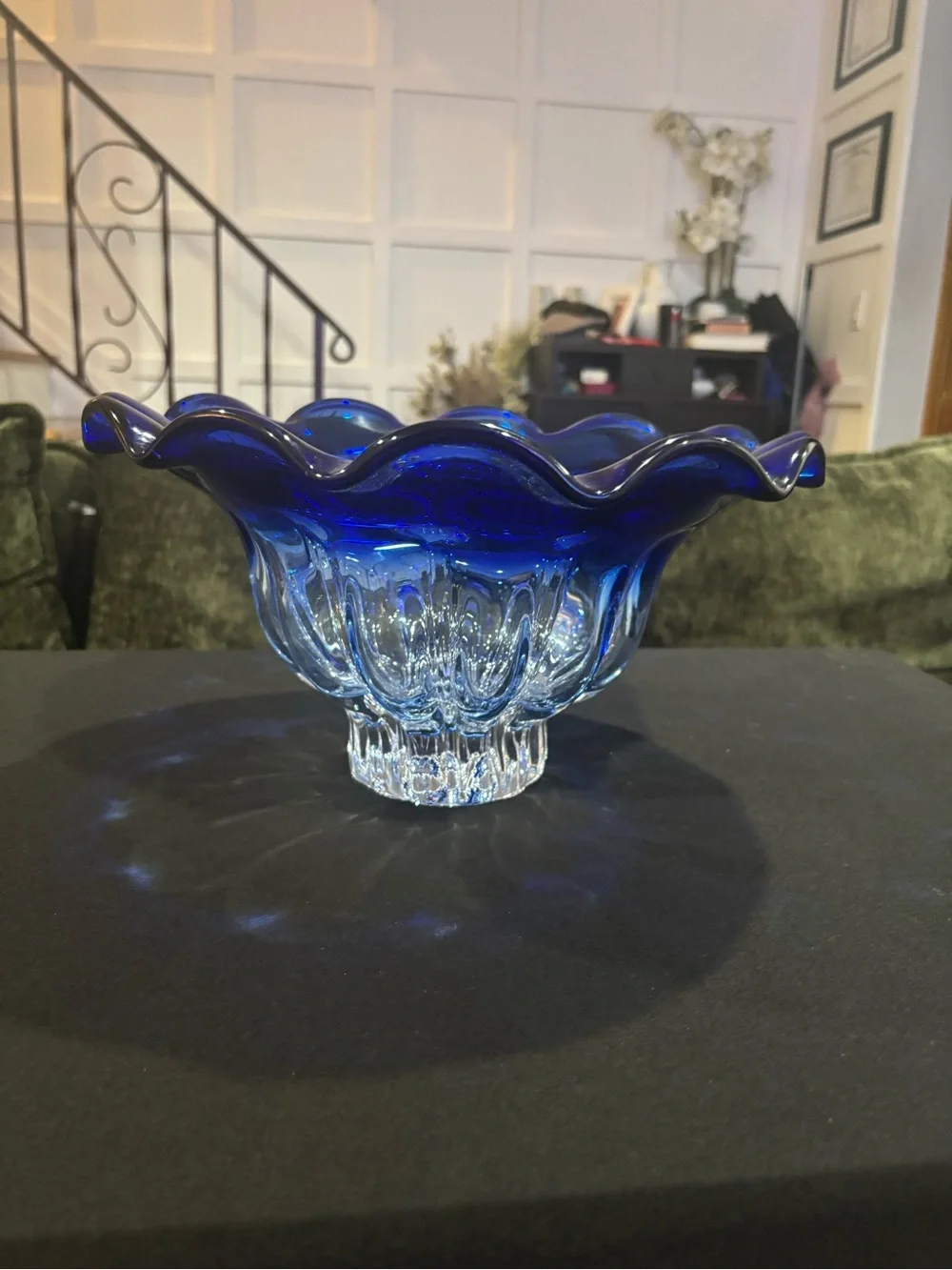 Shannon Crystal Cobalt Clear/Blue Ruffled Bowl Designs of Ireland 6.75
